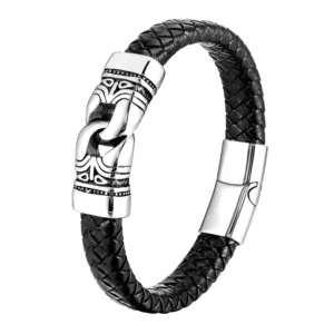 RENSINO Punk Retro Style Stainless Steel Skull Leather Rope Bracelet Man’s Fashion Charm Bracelet for Party or Gift