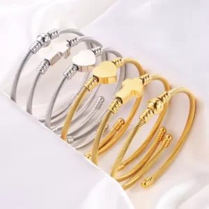RENSINO Punk Wire Line Metal Plain Cuff Open Bangles 18K Gold Plated Stainless Steel Love Heart Elastic Bangles