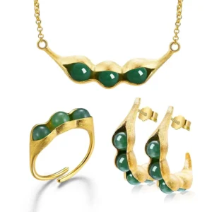 RENSINO Pure 925 Sterling Silver Fine Jewelry Set with Natural Aventurine Gemstone Jade Earrings Ring Necklace Brooch Bangle Jewelry Set