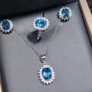 RENSINO Pure 925 Sterling Silver Rhodium Plated Natural Blue Topaz Jewelry Set for Wedding Party Occasions