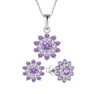RENSINO Purple Zircon Flower Pendant Necklace & Earrings Set Rhodium Plated Sterling Silver Flower Design Jewelry Set for Women