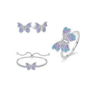 RENSINO QX OEM Cubic Zirconia 925 Silver Butterfly Rings Earrings Bracelet Women’s Fine Jewelry Set Party Gift