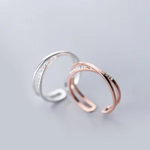 RENSINO Quality 925 Sterling Silver Open Double Layer X Shape Crystal Rings for Women Engagement Jewelry