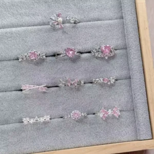 RENSINO R106 Silver Plated Brass Multi Shape Butterfly Flower Pink Cubic Zirconia Open Adjustable Ring Set Girls Fashion Jewelry