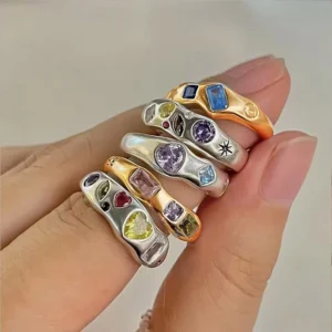 RENSINO R136 18K Gold Plated Silver Plated Brass Irregular Wavy Band Wide Rings with Multicolor Cubic Zirconia Bulk for Women