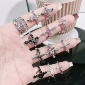 RENSINO R39 Silver Plated Brass Vintage Enamel Black Gothic Cross Adjustable Ring Set Christian Trendy Punk Statement Jewelry Women