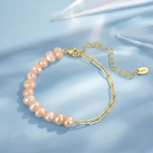 RENSINO RINNTIN GPB 925 Sterling Silver Baroque Freshwater Pearl Bracelet Adjustable Half Pearl Half Paperclip Chain Bracelet for Women