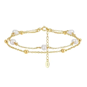 RENSINO RINNTIN GPB32 Double Chain Wrapped Bracelet 925 Sterling Silver Cultured Freshwater Pearl with Gold Beads Bracelet