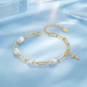 RENSINO RINNTIN GPB53 925 Sterling Silver Gold Plated Paperclip Link Chain Bracelet Freshwater Pearl Cross Charm Bracelet for Women