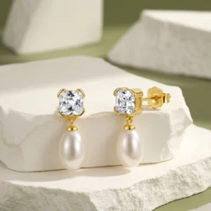 RENSINO RINNTIN GPE141 Handmade Elegant 925 Sterling Silver Gold Plated Square CZ Natural Freshwater Pearl Drop Earrings for Women
