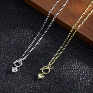 RENSINO RINNTIN SC97 925 Sterling Silver Gold Plated Paperclip Link Chain Heart Pendant Charm Necklace OT Buckle for Women