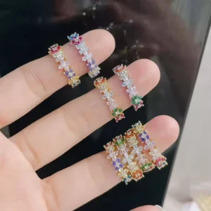 RENSINO RM1703 Chic Dainty 18K Gold Silver Plated Brass Rainbow CZ Pave Floral Flower Stylish Adjustable Rings