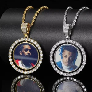RENSINO RQ Custom Made Photo Rotating Double Sided Medallions Spinning Pendant Necklace Zircon Men Hip Hop Jewelry