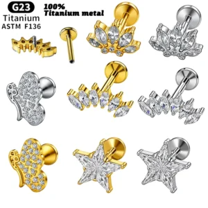 RENSINO RQ Punk Women’s Piercing Earrings F136 Titanium Ear Stud G23 Pure Titanium Internal Thread Zircon Body Jewelry Women’s Jewelry