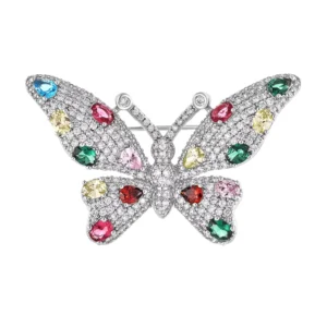 RENSINO Rainbow Color Zircon 925 Sterling Silver Butterfly Brooch Fashionable Jewelry with Gold Rhinestone Diamond Crystal for Women