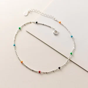 RENSINO Rainbow Colorful Round Enamel Beaded 925 Sterling Silver Anklets Fashion Jewelry for Women