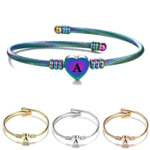 RENSINO Rainbow Heart Initials Stainless Steel Bracelet Custom 26 Letters Engraved Bracelet for Woman Girl Jewelry Birthday
