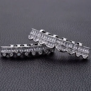 RENSINO Rapper Custom Fit Silver-Plated Tooth Grillz Top and Bottom Dental Teeth Hip-Hop Inspired Fashion Body Jewelry