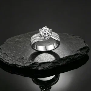 RENSINO Ready to Ship S925 Rhodium Plated Round Cut Moissanite Ring Silver Ring for Women Anniversary Party Office Outfit Gift