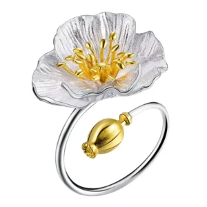 RENSINO Real 925 Sterling Silver Adjustable Ring Handmade Designer Fine Jewelry Blooming Poppies Flower Rings for Women Bijoux