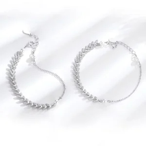 RENSINO Real 925 Sterling Silver Fashion Leaf Synthetic Pearl Charm Bracelet for Women Wedding Party Fine Jewelry