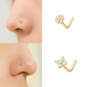 RENSINO Real 925 Sterling Silver L Shape Diamond Flower Nose Stud Ring Stud Piercing Jewelry Body Puncture Jewelry