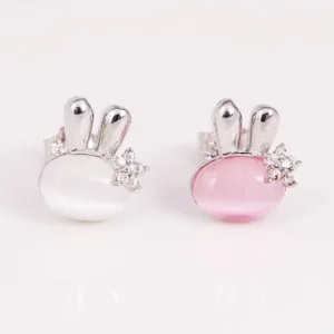 RENSINO Real 925 Sterling Silver Rabbit Opal Stud Earrings for Women Girls Fashion Sterling-silver-jewelry Brincos Brinco Cute Earrings