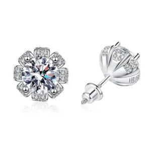 RENSINO Real D Color 1 Carat Moissanite Pedal Thread Stud Earrings 925 Sterling Silver Wedding Engagement Bride Luxury 18K Jewelry