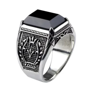RENSINO Real Pure 925 Sterling Silver Antique Ring with Black Agate Natural Stone Mens Rings Retro Flower Engraved Punk Rock Jewelry