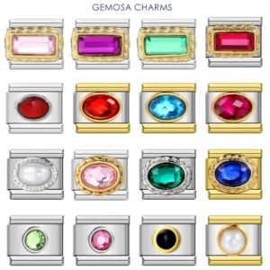 RENSINO Rectangle Round Ellipse Colorful Zirconia Charms Italian Links 9mm Bracelets Bangle Stainless Steel DIY Jewelry Gifts