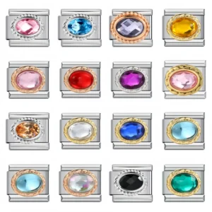 RENSINO Rectangle Round Ellipse Colorful Zirconia Charms Italian Links 9mm Bracelets Bangle Stainless Steel DIY Jewelry Gifts