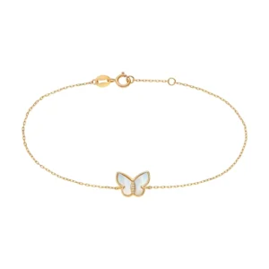 RENSINO Recycled Sterling Silver Gold Plated Mother of Pearl Butterfly Set Diamond Chain Bracelet
