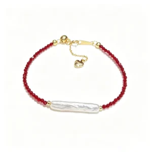 RENSINO Red Crystal Bracelet Small Silver Bar Baroque Freshwater Pearls Adjustable Design Minimalist Jewelry