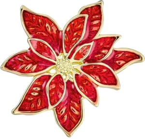 RENSINO Red Enamel Poinsettia Brooch Clip on Earrings Scarf Pin Jewelry Set for Women Silver Gold Plated