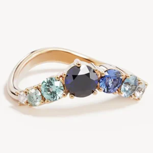 RENSINO Refined 925 Sterling Silver Blue Ombre Multi Stone Twist Ring For Woman Gold Plated Ocean Blue Gradient Statement Ring