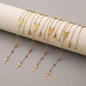 RENSINO Religious 316L Stainless Steel Necklace with Pendant Fashion 14K 18K Gold Plated Cross Rosary Necklace for Women Men