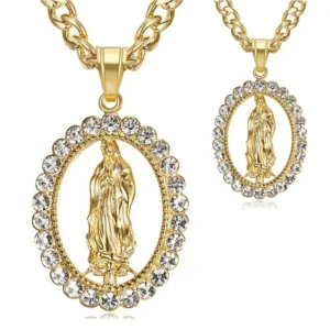 RENSINO Religious Catholic Jewelry 18k Gold Plated Stainless Steel Crystal Virgin Mary Pendant Necklace for Men Women