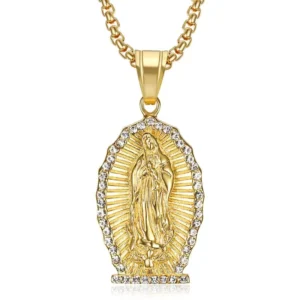 RENSINO Religious Catholic Jewelry 18k Gold Plated Stainless Steel Crystal Virgin Mary Pendant Necklace for Men Women
