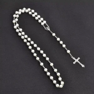 RENSINO Religious Catholic Silver Plated Polished Imitation Pearl Beaded Rosary Necklace Classic Crucifix Pendant Tassel Unisex Prayer