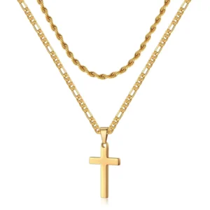RENSINO Religious Double Layer Chain Gold Stainless Steel Cross Pendant Necklace Gold Cross Necklace for Men Women Christian Gifts