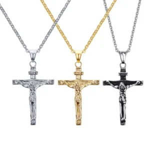 RENSINO Religious Fashion Jewelry Stainless Steel Jesus Cross Pendant Men’s and Women’s Necklaces