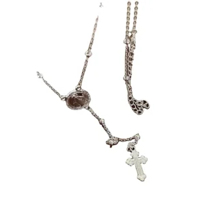 RENSINO Religious Genuine Solid S925 Sterling Silver Rosary & Cross Long Necklace