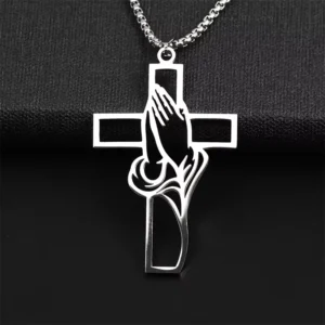 RENSINO Religious Jesus Initial Pendant Necklace Trendy Stainless Steel Link Chain Silver Cross Engagement Pendant