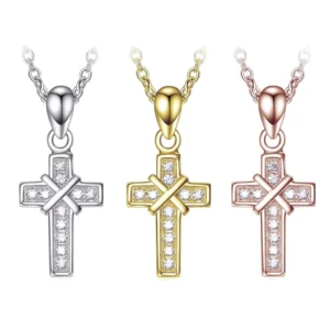 RENSINO Religious Jewelry 925 Sterling Silver Custom Plated Cube Zircon Cross Pendant Necklace