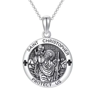 RENSINO Religious Jewelry 925 Sterling Silver Oxidized Saint Christopher Protect Us Pendant Necklace