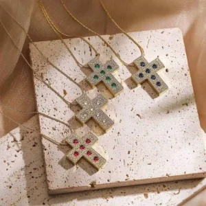 RENSINO Religious Jewelry Brass Zircon Faith Cross Pendant Necklace 18K Gold Plated Link Chain Charm Necklace Women Gift