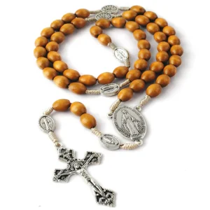 RENSINO Religious Jewelry Catholic Wood Rosary Necklace Light Brown Wooden Beads with Virgin & Mary Our Father