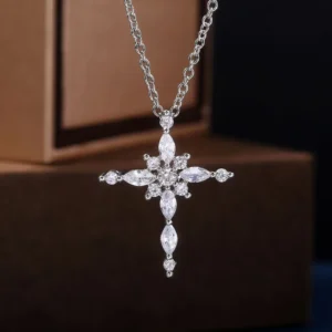 RENSINO Religious Jewelry Flower Shape Cross Dainty Crystal Stone Pendant Necklaces Lady Silver Cross Zircon Necklaces Women