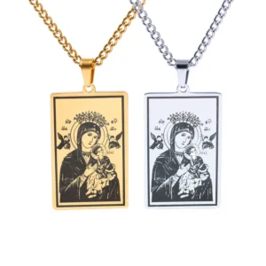 RENSINO Religious Jewelry Gold Silver Stainless Steel Laser Engraving Necklace Catholic Virgin Mary Square Pendant Necklace
