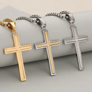 RENSINO Religious Jewelry Silver Gold Plated Cross Pendant Necklace Stainless Steel Cross Necklace with Link Chain for Unisex